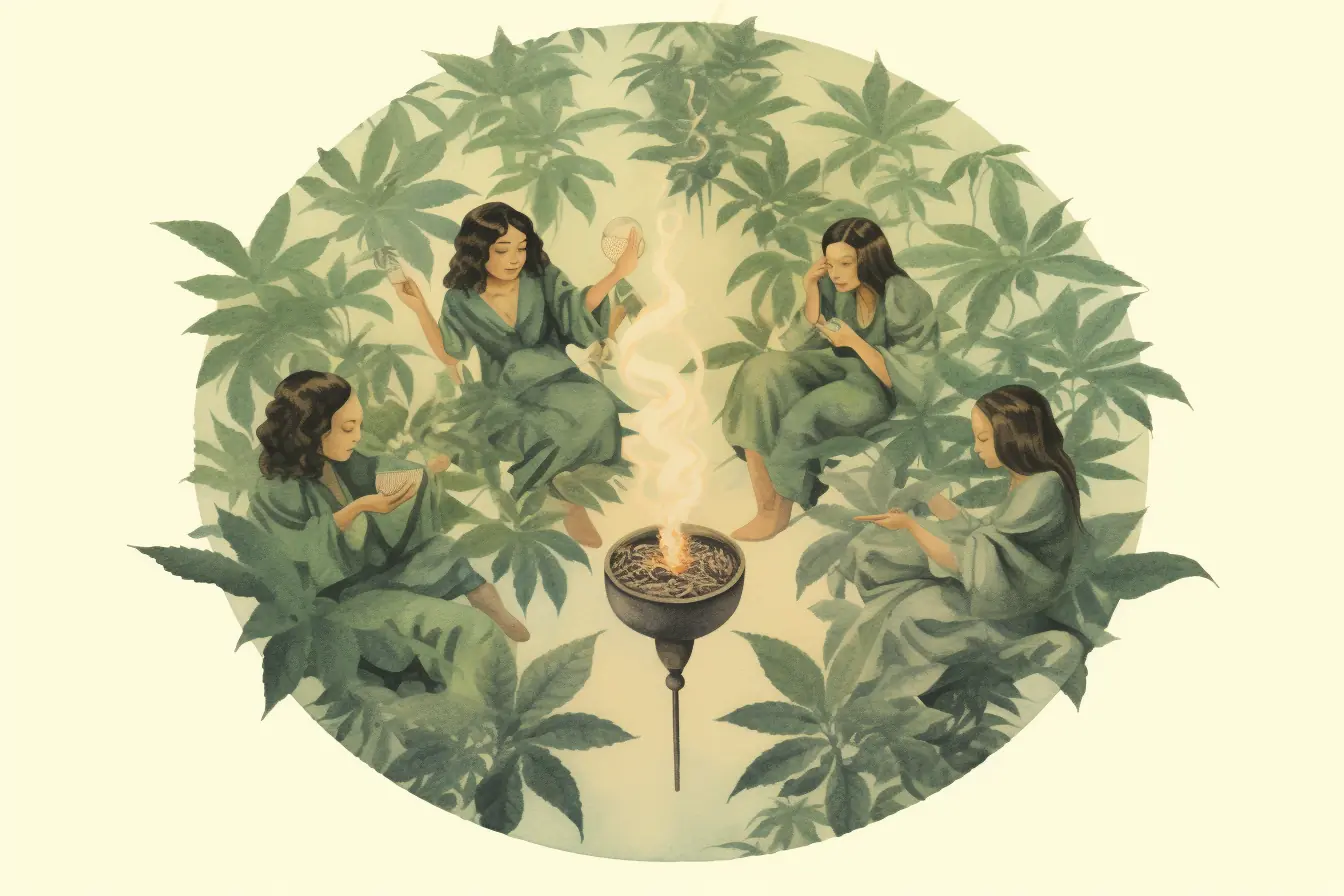 Menschen rauchen im Kreis Cannabis-Zigaretten und haben Spaß Ein Kreis aus Marihuanablättern zieht Menschen in einen Cannabis Social Club in Koblenz an, wo sie sich unterhalten.