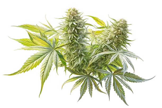 Blätter von Cannabis und bunte Cannabisblüte Eine Cannabis-Pflanze, die in bunten Farben blüht