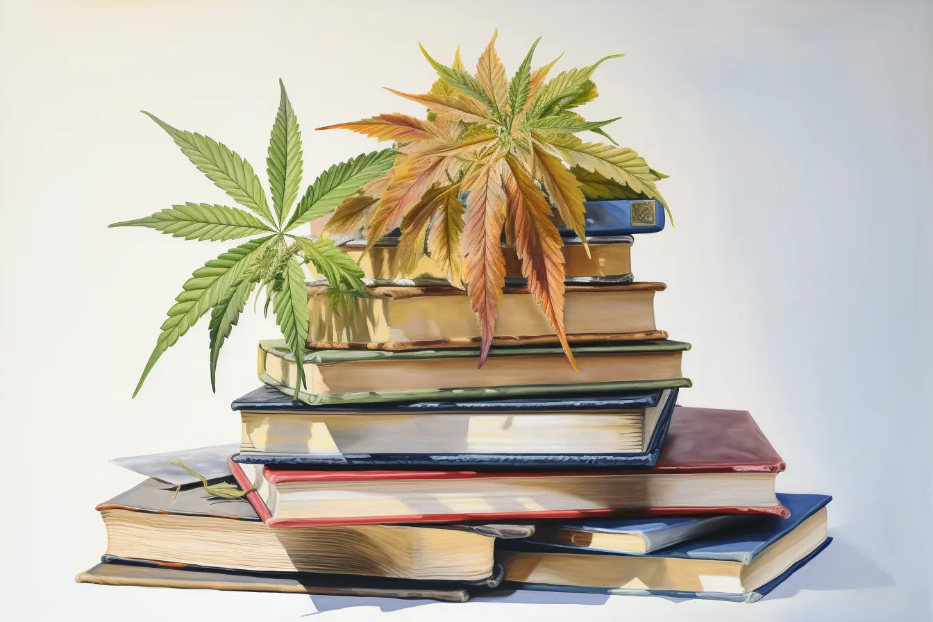 Bücher und Cannabisblätter in zarten Farben Auf einem Stapel Bücher, der übereinander liegt, liegen einige Blätter von der Cannabispflanze.