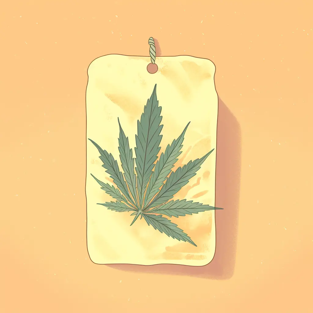 Ein Cannabisblatt in sanften Farben ziert das Preisschild, das die Kosten für das Produkt anzeigt. Ein Etikett, das den Preis anzeigt, ziert ein Marihuanablatt – exklusiv für Cannabis-Vereine in Koblenz.