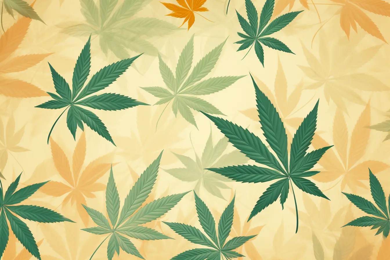 Cannabis Social Club in Koblenz: Heimelige Stimmung mit dezenten Cannabisblättern Ein Schema aus Cannabisblättern auf beigem Untergrund, entwickelt für einen Cannabis Social Club in Koblenz